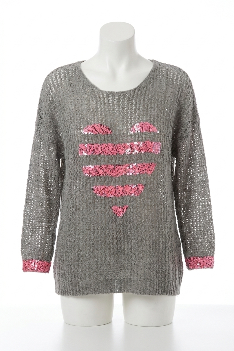 NEW FRENCH KYSS crochet heart crew in frost/pink